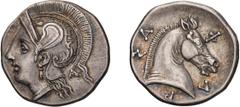 Ancient Greek Thessaly. Pharsalus. Hemidrachm. c. 350 BC. Hemidrachm, 2.88g (6h). Obv: Helmeted head of Athena left, wearing pearl necklace, pendant earring, and crested Attic helmet with raised cheek
