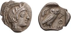 Ancient Greek Attica, Athens. Obol. After 449 BC. Obol, 0.68g (11h). Obv: Helmeted head of Athena right. Rx: ΑΘΕ Owl standing right, head front, olive twig in upper left field, all within incuse squar
