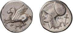 Ancient Greek Acarnania, Leucas. Stater. c. 350-330 BC. Stater, 8.64g (2h). Obv: Pegasus flying left with pointed wing, Λ below. Rx: Head of Athena left wearing Corinthian helmet over leather cap; API