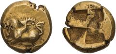 Ancient Greek Mysia, Cyzicus. EL Hemihecton (1/12 stater). c.550-500 BC. EL Hemihecton (1/12 stater), 1.37g (1h). Obv: Chimera left on tunny fish left, forelegs extended in semi-crouch. Rx: Quadripart