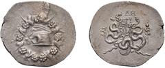 Ancient Greek Mysia, Pergamum. Cistophoric Tetradrachm. c. 92-88 BC. Cistophoric Tetradrachm, 12.59g (11h). Obv: Serpent emerging left from cista mystica with partially raised lid, all within ivy wrea