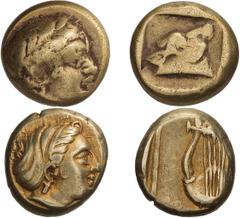 Ancient Greek Lot of three electrum hektai of Mytilene. . c. 377-326 BC. g (0h). 1. Apollo/Calf; 2.56g. 8h; Bodenstedt 56. 2. Muse/Lyre; 2.59g, 10h; Bodenstedt 79. 3. Dionysus/Satyr; 2.54g, 10h; Boden