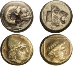 Ancient Greek Lot of three electrum hektai of Mytilene & Phocaea. . g (0h). 1. Mytilene; Ram/Lion; 478-455 BC; 2.52g, 7h, Bodenstedt 27. 2. Mytilene; Cabeiros/Persephone; 377-326 BC; 2.62g, 6h; Bodens