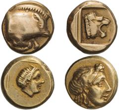 Ancient Greek Lot of three electrum hektai of Mytilene & Phocaea. . g (0h). 1. Mytilene; Boar/Lion; 454-427 BC; 2.48g, 8h, Bodenstedt 41, NGC 3762205-005. 2. Mytilene; Dionysus/Young male; 377-326 BC;
