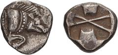 Ancient Greek Lycia. Uncertain Dynast. AR Third. c. 525-480 BC. AR Third, 2.81g Obv: Forepart of boar right. Rx: Incuse square, three sides with lugs, large X at center. Weber 7209. Ex Philip T. Ashto