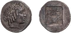 Ancient Greek Lycia, Masicytes. Hemidrachm. 42 BC, under BRUTUS. Hemidrachm, 1.86g (12h). Obv: Head of Apollo right, Λ - Y across lower field. Rx: M - A across field, Lyre, filleted branch in lower ri
