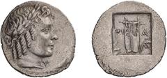 Ancient Greek Lycia, Masicytes. Hemidrachm. 42 BC, under BRUTUS. Hemidrachm, 1.71g (12h). Obv: Head of Apollo right, Λ - Y across lower field. Rx: M - A across field, Lyre, filleted branch in lower ri