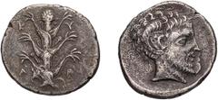 Ancient Greek Cyrenaica, Cyrene. Tetradrachm. c. 435-331 BC. Tetradrachm, 12.93g (6h). Obv: Silphium plant with six leaves, K - V / P - A across field at corners of plant. Rx: Head of Ammon wearing ra