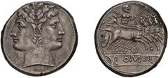 Roman Republic Anonymous. Quadrigatus or Didrachm. Quadrigatus or Didrachm, 6.84g (10h). Rome, c. 225-214 BC. Obv: Janiform head of the Dioscuri. Rx: Jupiter in quadriga right, driven by Victory; belo
