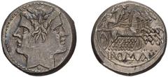 Roman Republic Anonymous. Quadrigatus or Didrachm. Quadrigatus or Didrachm, 6.56g (10h). Rome, 225-214 BC. Obv: Laureate, janiform head of Dioscuri, pellet under neck. Rx: Jupiter holding scepter and 