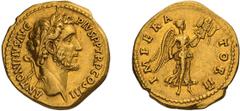 Roman Empire Antoninus Pius. Aureus. 138-161 AD. Aureus, 6.88g (6h). Rome, 143-4 AD. Obv: ANTONINVS AVG - PIVS P P TR P COS III Head laureate right. Rx: IMPERA - TOR II Victory flying right holding tr
