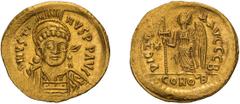 Byzantine Justin I. Solidus. 518-527 AD. Solidus, 4.51g (5h). Constantinople, c. 518-9 AD. Obv: D N IVSTI - NVS PP AVG Helmeted bust front holding spear over shoulder and shield. Rx: VICTORIA AVGg B V