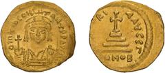 Byzantine Tiberius II. Solidus. Solidus, 4.42g (6h). Constantinople, 578-582 AD. Obv: DM Tib CONS - TANT P P AVI Bust facing, in cuirass and crown with cross on circlet and pendilia, holding cross on 
