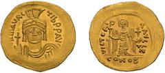 Byzantine Maurice Tiberius. Solidus. 582-602 AD. Solidus, 4.46g (5h). . , c. 583/4-602 AD. Obv: D N MAVRC - TIB PP AVG Bust facing, wearing plumed helmet, holding globus cruciger and shield. Rx: VICTO