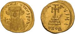 Byzantine Constans II. Solidus. 641-668 AD. Solidus, 4.46g (6h). Constantinople, c. 651-654 AD. Obv: d N CONSTAN - TINuS PP A[V] Bust facing, with long beard and mustache, wearing chlamys and crown to