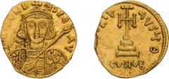 Byzantine Tiberius III. Solidus. 698-705 AD. Solidus, 4.20g (6h). Constantinople. Obv: D TIbERIuS PE AV Bust facing, with short beard, wearing crown and cuirass, and holding spear diagonally across bo