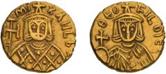 Byzantine Michael II. Solidus. 820-829 AD. Solidus, 3.82g (4h). Syracuse. Obv: MI - XAHL b Bust of Michael facing, with short beard, wearing crown and loros, and holding cross potent. Rx: ΘEO - FILOS 