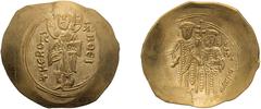 Byzantine Alexius III. Hyperpyron. 1195-1203 AD. Hyperpyron, 4.21g (6h). Constantinople. Obv: + KЄ ROHΘЄI Christ, nimbate, standing facing, raising right hand in benediction and holding book of Gospel