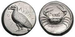 SICILY. Akragas. Ca. 464/61-450 BC. Silver tetradrachm (17.15 gm). AKPAC—ANTOΣ, eagle standing left / Crab. SNG ANS 979 (same obverse die). Mint state. Of the numerous Agrigentum tetradrachms in exist