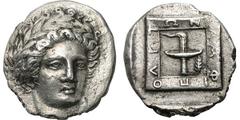 MACEDON. Amphipolis. 356/5 BC. Silver tetradrachm (13.70 gm). Laureate head of Apollo inclined slightly to right / AMΦ—IΠO—ΛIT—ΩN in linear square border surrounding race torch with grain ear to right