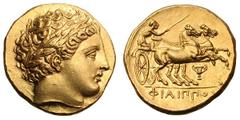 MACEDONIAN KINGDOM. Philip II. (359-336 BC). Gold stater (8.61 gm). Pella, ca. 340/36-328 BC. Laureate head of Apollo right / ΦIΛIΠΠO[Υ], fast quadriga right, cantharus beneath horses. Le Rider 189 (D
