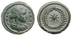 Helena, Mother of Constantine I. (). Reduced billon follis (3.58 gm). Thessalonica, 318-319 AD. HELE - NA N F, draped bust right, seen from front / Laurel wreath enclosing eight-pointed star. RIC 50 (