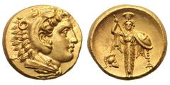 MYSIA. Pergamum. Ca. 334 BC. Gold Stater (8.60 gm). Head of Alexander right as young Heracles in lion skin headdress / Facing Palladium wearing calathus on head, holding lance in raised right hand and