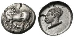 CARIA(?). Uncertain mint. Fifth century BC.. Silver hemistater (6.05 gm). Cow standing left, head reverted and tail flicking up over back, with calf suckling right / Incuse head of negro left. This co