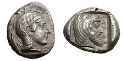 Lycia, Kherei. Ca. 410-390 BC. Silver stater (8.53 gm). Telmessus. Head of Athena right in crested Attic helmet adorned with four olive leaves above visor and spiral palmette on bowl, Lycian letter Kh