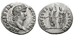 Nero. (54-68 AD). Silver denarius (3.42 gm). Rome, 64-65 AD. NERO CAESAR AVGVSTVS, head laureate right / AVGVSTVS AVGVSTA, Nero and Poppaea standing left beside each other; Nero is togate and radiate 