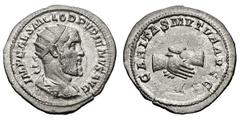 Pupienus antoninianus overstruck on Balbinus denarius. (238 AD). Silver antoninianus (2.85 gm). Rome. IMP CAES M CLOD PVPIENVS AVG, bust radiate, draped, cuirassed right / CARITAS MVTVA AVGG, clasped 