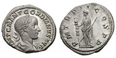 Gordian III. (238-244 AD). Silver denarius (2.90 gm). Rome, 239 AD. IMP C M ANT GORDIANVS AVG, bust laureate, draped, cuirassed right / P M TR P II COS P P, Fides standing left, holding standard and t