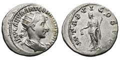 Gordian III. (238-244 AD). Silver antoninianus (4.68 gm). Antioch, 239 AD. IIMP CAES M ANT GORDIANVS AVG, bust radiate, draped, cuirassed right / M (sic) TR P II COS P P, Libertas standing left, holdi