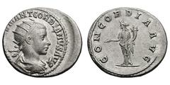 Gordian III, Lot of 2 antoniniani, first Antioch series. (238-244 AD). . Comprising (a) Silver antoninianus, 5.54 gm, Antioch, ca. 239 AD, IMP CAES M ANT GORDIANVS AVG, bust radiate, draped, cuirassed
