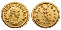 Carus. (282-283 AD). Gold aureus (4.48 gm). Ticinum, 283 AD. IMP C M AVR CARVS P F AVG, bust laureate, draped, cuirassed right, seen from front / SPES PVBLICA, Spes advancing left, holding flower and 