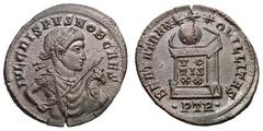 Crispus as Caesar. (317-326 AD). Bronze reduced follis (2.66 gm). Trier, ca. 322-323 AD. IVL CRISPVS NOB CAES, bust laureate, draped, cuirassed right, halflength, seen from front, holding spear in rig