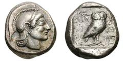 Attica. Athens. Silver tetradrachm (16.70 gm). Attica. Athens, Ca. 515-510 BC. Head of Athena right with frontal eye, finely modeled cheek, and curved bangs ending in small curls, in crested Attic hel