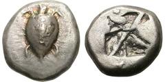 Attica. Aegina. Silver stater (12.22 gm). Attica. Aegina, Ca. 535/0-525/0 BC. Sea turtle with row of dots down dorsal spine / Pre-"Union Jack" incuse with undeveloped pattern, partially filled. Arnold
