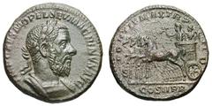 Macrinus. (217-218 AD). Copper As (10.90 gm). Rome, Ca. January 218 AD. IMP CAES M OPEL SEV MACRINVS AVG, bust laureate, cuirassed right, seen from front, with long beard / PONTIF MAX TR P II COS II P