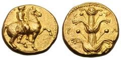 Cyenaica. Cyrene. Gold drachm (4.34 gm, 8:00). Cyenaica, Cyrene, ca. 322-313 BC. Bare-headed youth clad in chlamys on stallion pacing right, moneyer's abbreviated name ΠΟΛΙ in upper left field (almost