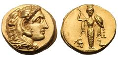 Mysia, Pergamum. Ca. 334 BC. Gold stater (8.60 gm). Head of young Heracles right in lion skin headdress / Facing Palladium wearing calathus on head, holding lance in raised right hand and filleted shi