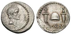 M. Brutus, struck by L. Plaetorius Cestianus. Silver denarius (3.50 gm). Military mint, 43-42 BC. Bare head of Brutus right, BRVT IMP above, L PLAET CEST behind / Pileus (cap of Liberty) flanked by tw