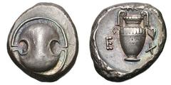Boeotia. Thebes. c. 390-382. Stater, 12.22g. Obv: Boeotian shield. Rx: Amphora with ivy leaves hanging down from each handle. Above, club to left. In the field, Ε-Χ[Ε]. Hepworth p. 83, 49 (same revers