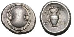 Boeotia. Thebes. Damo Magistrate. c. 390-392 BC. Stater, 12.23g. Obv: Boeotian shield. Rx: Amphora, two ivy leaves hanging down from left handle. In the field, ΔΑ-ΜΟ. Above, club left. Head, "History 