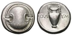 Boeotia. Thebes. Olym- Magistrate. c. 363-338 BC. Stater, 12.17g. Obv: Boeotian shield. Rx: Amphora. In the field, ΟΛ-ΥΜ. Above, [spearhead]. BCD Boeotia 558 (same reverse die). Hepworth p. 74, D3i, c