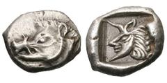 Lycia. Uvug. c. 480-450 BC. Sixth, 1.17g. Lycia, Uncertain Dynasty, c. 480-460 BC. Obv: Boar's head left. Rx: Protome of a man-headed bull facing left within incuse square. EF. The reverse image is cl