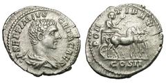 Geta as Caesar. 198-209 AD. Denarius, 3.20g. Rome, 208 AD. Obv: P SEPTIMIVS GETA CAES Bust draped right, head bare. Rx: PONTIFEX COS II Geta in consular quadriga right, extending right hand and holdin
