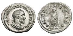 Pupienus. 238 AD. Denarius, 3.14g. Rome. Obv: IMP C M CLOD PVPIENVS AVG Bust laureate, draped, cuirassed right. Rx: P M TR P - COS II P P Genius of the Senate standing left holding branch and short sc