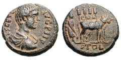Geta as Caesar. 198-209 AD. AE 18, 6.58g. Phoenicia, Akko-Ptolemais. Obv: L S GET C - AVG PII F Bare-headed, draped, cuirassed bust right. Rx: The emperor Claudius as founder plowing right with ox and