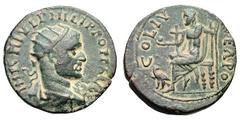 Philip I. 244-249 AD. AE 28, 13.72g. Samaria, Neapolis, 247-9 AD. Obv: IMP C M IVL PHILIPPO P F AVG Radiate, draped, cuirassed bust right. Rx: COL IV - NEAPO Zeus seated left holding globe and scepter